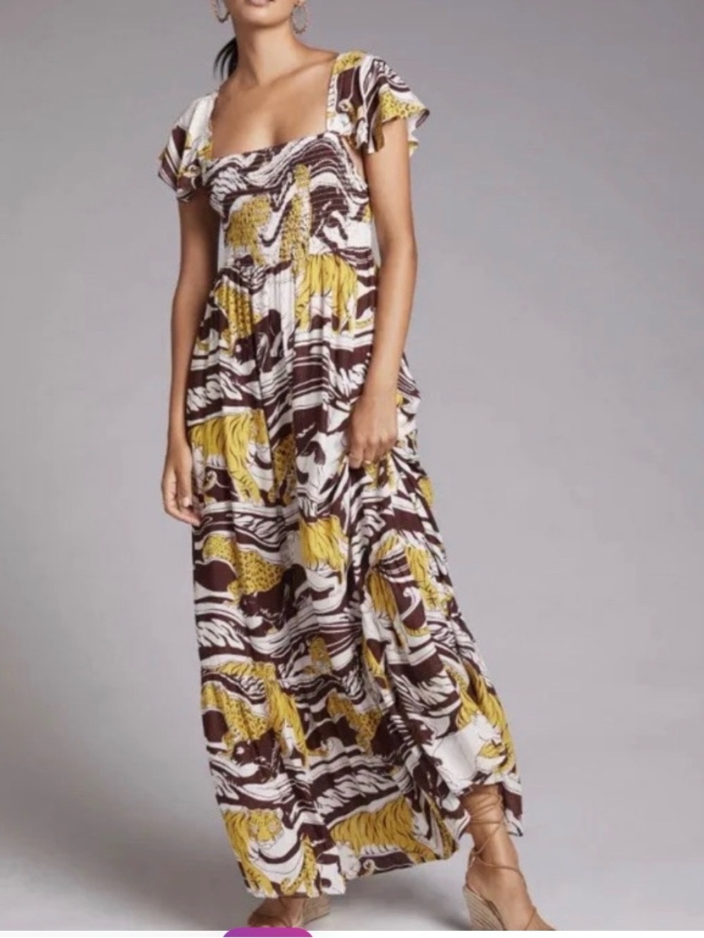 Anthropologie Panther Ruffled Maxi Dress Medium Smocked Yellow Brown Bohemian